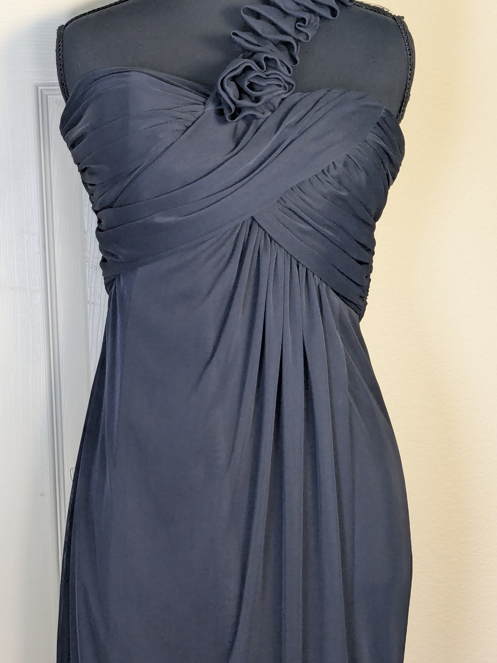 Vintage Betsy & Adam Linda Bernell One-Shoulder Rosette Evening Gown Navy Blue